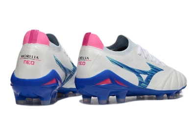 Men's Mizuno Morelia Neo 4 FG Firm Ground Low-Tops Football Boots - White/Blue Ocean/Pink Accent