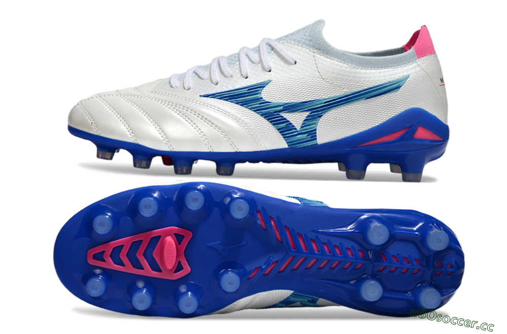 Men's Mizuno Morelia Neo 4 FG Firm Ground Low-Tops Football Boots - White/Blue Ocean/Pink Accent 1