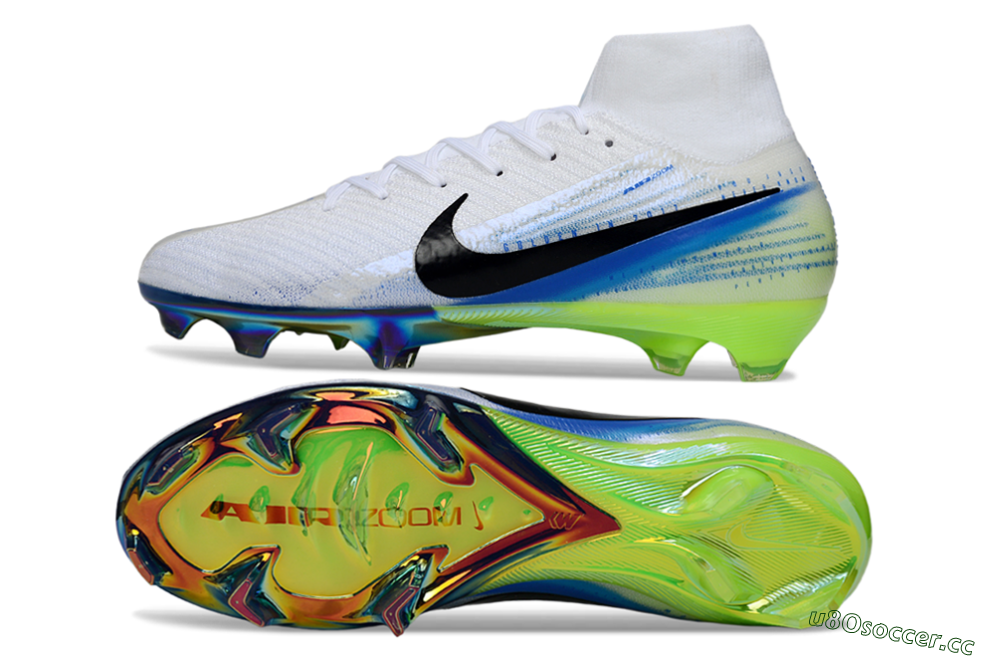Unisex Nike Air Zoom Mercurial Superfly 10 Elite FG Firm Ground High-Tops Football Boots - White/Electric Blue/Neon Green 1