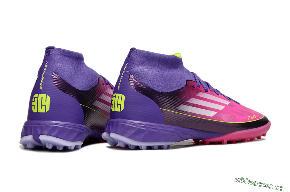 Men's Adidas F50 Pro Mid TF Artificial Turf High-Tops Football Shoes - Pink/Electric Pink/Deep Purple 6
