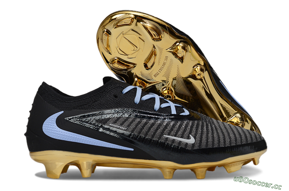 Unisex Nike Phantom 6 Low Elite FG Firm Ground Low-Tops Football Boots - Black/Light Blue/Gold 2