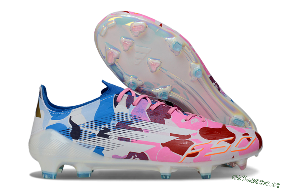 Unisex Adidas F50 Elite FG Firm Ground Low-Tops Football Boots - White/Bubblegum Pink/Denim Blue 2