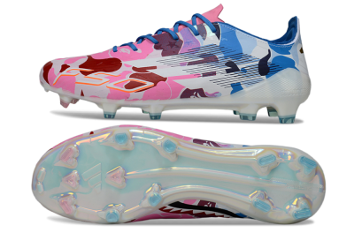 Unisex Adidas F50 Elite FG Firm Ground Low-Tops Football Boots - White/Bubblegum Pink/Denim Blue