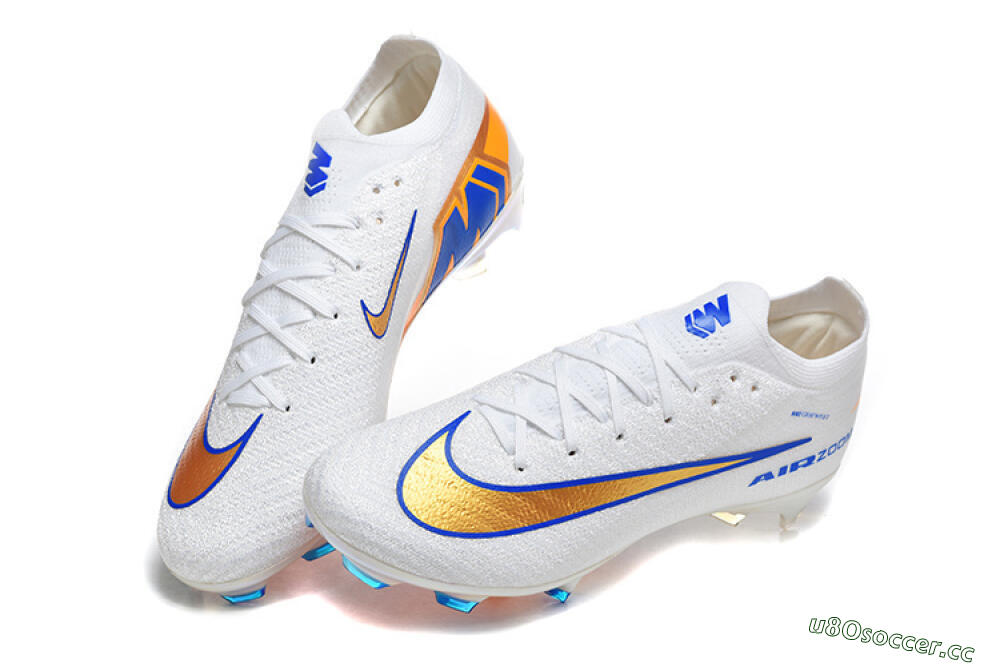 Men's Nike Air Zoom Mercurial Vapor 16 Elite FG Firm Ground Low-Tops Football Boots - White/Electric Blue/Metallic Orange 6