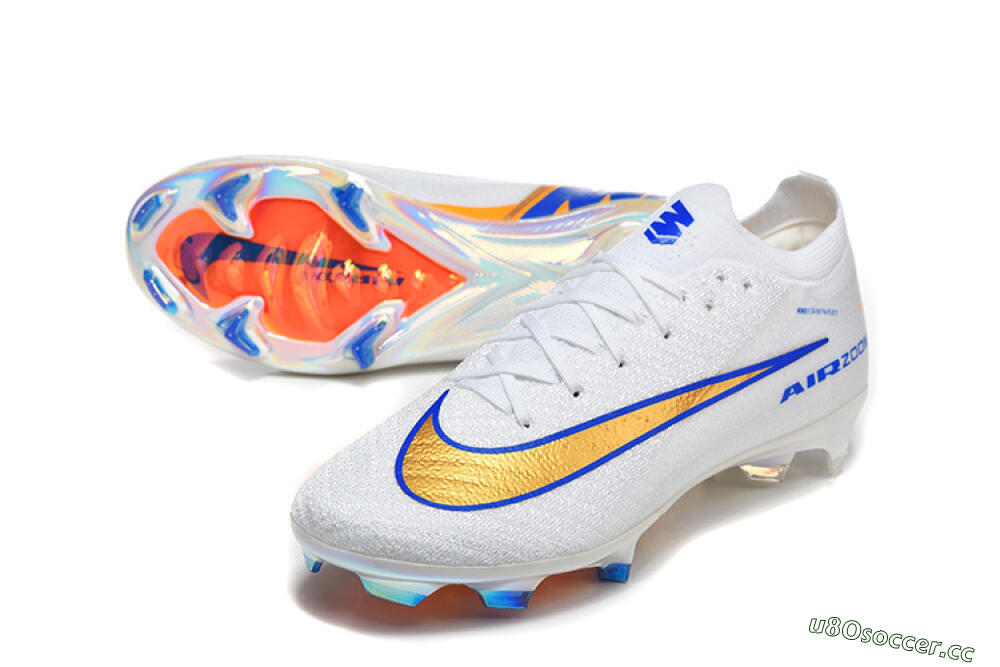 Men's Nike Air Zoom Mercurial Vapor 16 Elite FG Firm Ground Low-Tops Football Boots - White/Electric Blue/Metallic Orange 3