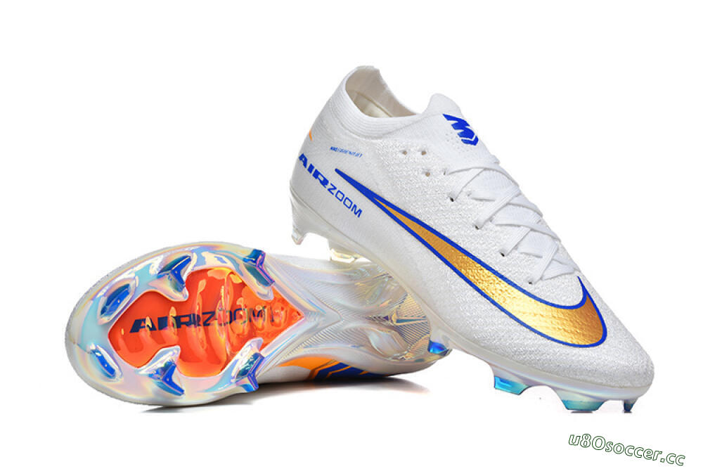 Men's Nike Air Zoom Mercurial Vapor 16 Elite FG Firm Ground Low-Tops Football Boots - White/Electric Blue/Metallic Orange 4