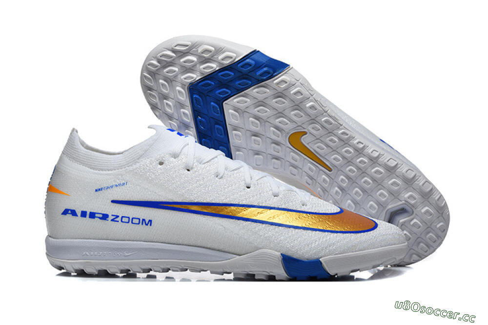 Men's Nike Air Zoom Mercurial Vapor 16 Elite TF Artificial Turf Low-Tops Football Shoes - White/Electric Blue/Metallic Gold 2