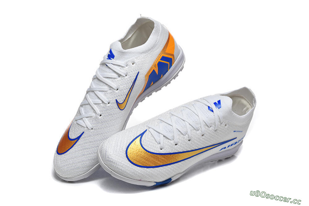 Men's Nike Air Zoom Mercurial Vapor 16 Elite TF Artificial Turf Low-Tops Football Shoes - White/Electric Blue/Metallic Gold 6