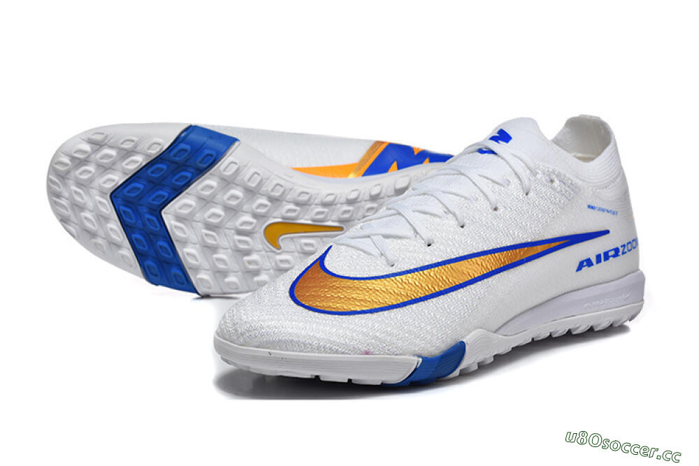 Men's Nike Air Zoom Mercurial Vapor 16 Elite TF Artificial Turf Low-Tops Football Shoes - White/Electric Blue/Metallic Gold 3