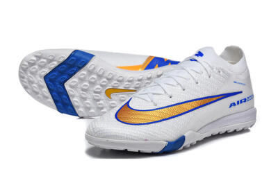 Men's Nike Air Zoom Mercurial Vapor 16 Elite TF Artificial Turf Low-Tops Football Shoes - White/Electric Blue/Metallic Gold