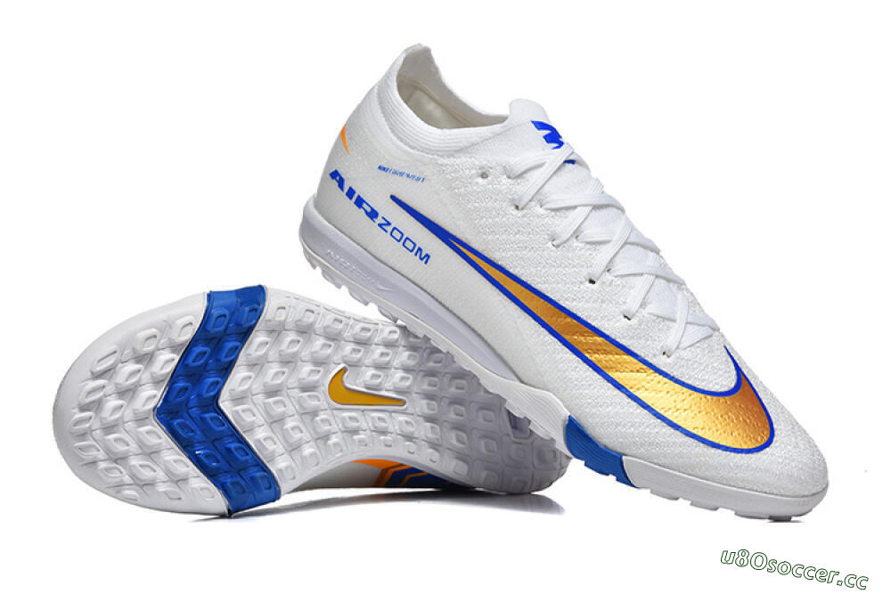 Men's Nike Air Zoom Mercurial Vapor 16 Elite TF Artificial Turf Low-Tops Football Shoes - White/Electric Blue/Metallic Gold 4