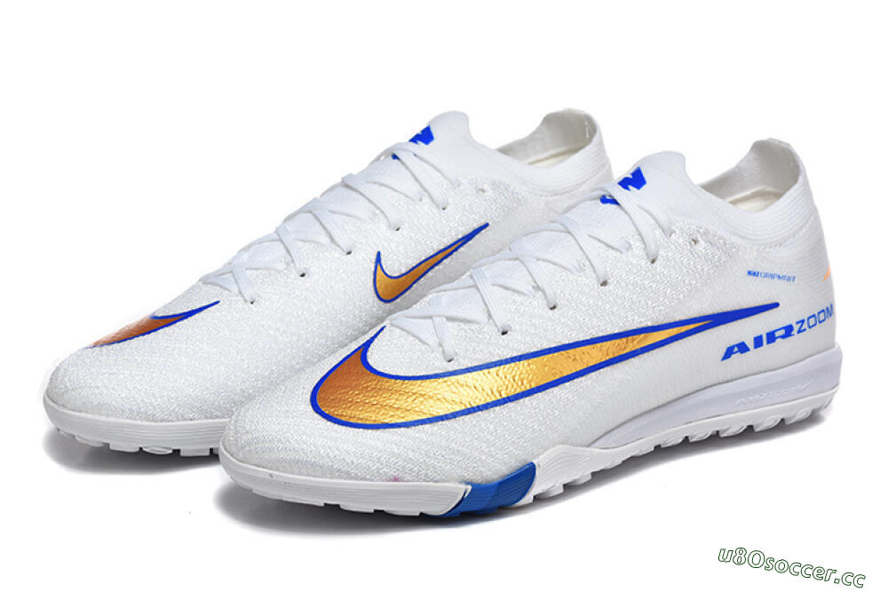 Men's Nike Air Zoom Mercurial Vapor 16 Elite TF Artificial Turf Low-Tops Football Shoes - White/Electric Blue/Metallic Gold 5