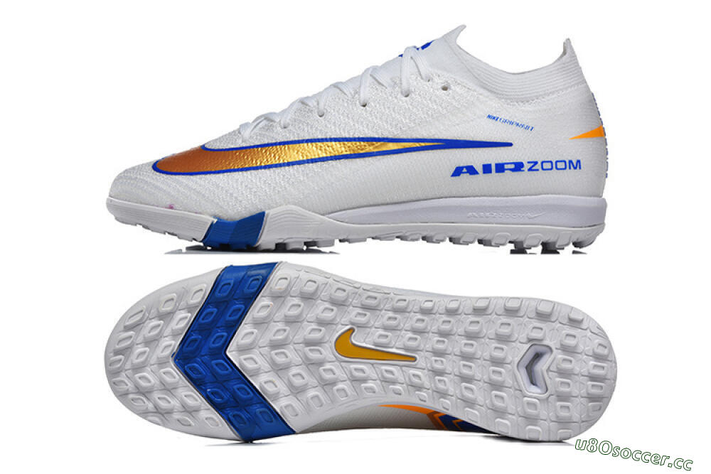 Men's Nike Air Zoom Mercurial Vapor 16 Elite TF Artificial Turf Low-Tops Football Shoes - White/Electric Blue/Metallic Gold 1