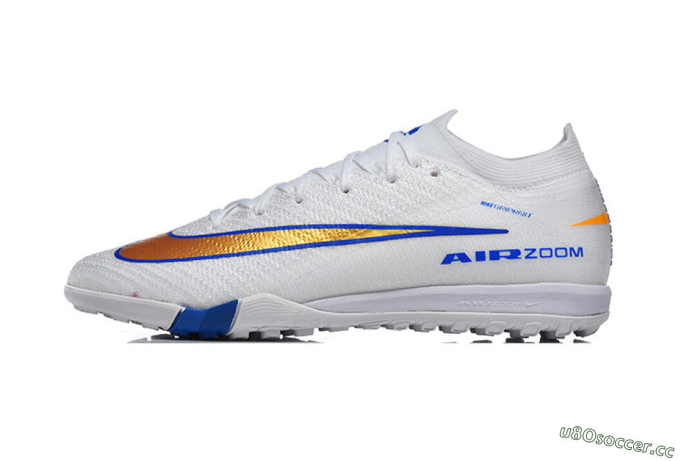 Men's Nike Air Zoom Mercurial Vapor 16 Elite TF Artificial Turf Low-Tops Football Shoes - White/Electric Blue/Metallic Gold 0