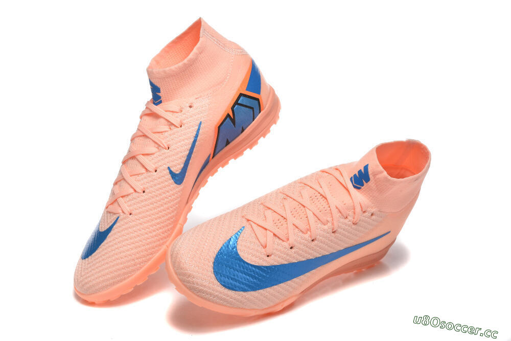 Men's Nike Air Zoom Mercurial Superfly 10 Elite TF Artificial Turf High-Tops Football Shoes - Peach/Sky Blue/Coral Pink 6
