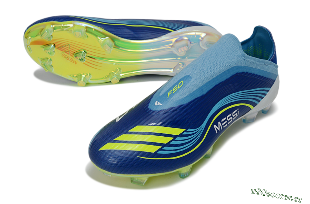 Unisex Messi x Adidas F50 Elite Laceless FG Firm Ground Low-Tops Football Boots - Blue/Electric Blue/Lime Green 3