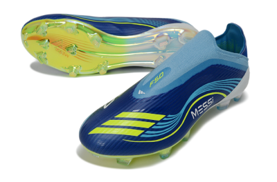 Unisex Messi x Adidas F50 Elite Laceless FG Firm Ground Low-Tops Football Boots - Blue/Electric Blue/Lime Green