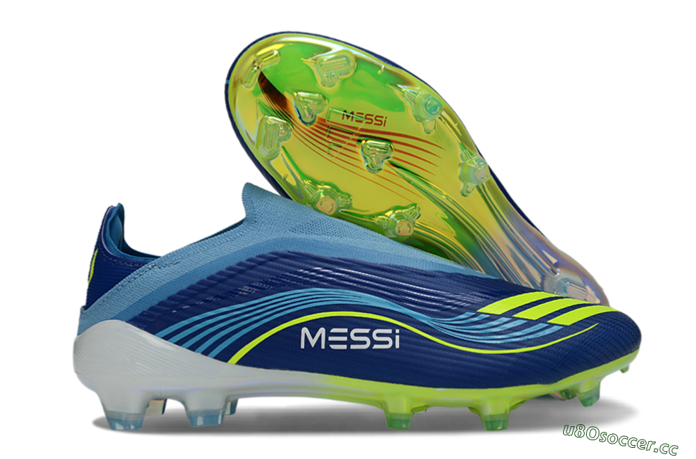 Unisex Messi x Adidas F50 Elite Laceless FG Firm Ground Low-Tops Football Boots - Blue/Electric Blue/Lime Green 2