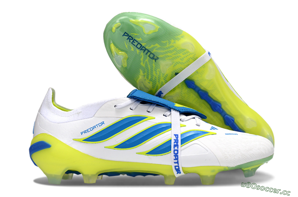 Men's Adidas Predator 26 Elite Fold-Over Tongue FG Firm Ground Low-Tops Football Boots - White/Neon Yellow/Cyan Blue 2