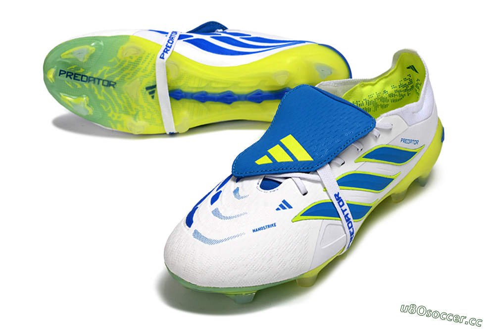 Men's Adidas Predator 26 Elite Fold-Over Tongue FG Firm Ground Low-Tops Football Boots - White/Neon Yellow/Cyan Blue 3