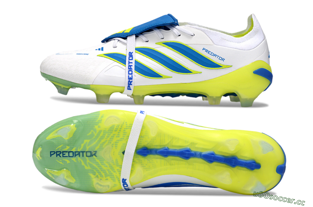 Men's Adidas Predator 26 Elite Fold-Over Tongue FG Firm Ground Low-Tops Football Boots - White/Neon Yellow/Cyan Blue 1