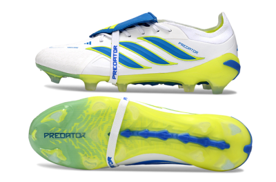 Men's Adidas Predator 26 Elite Fold-Over Tongue FG Firm Ground Low-Tops Football Boots - White/Neon Yellow/Cyan Blue