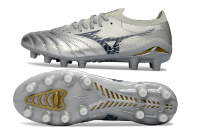 Men's Mizuno Morelia Neo 4 FG Firm Ground Low-Tops Football Boots - Silver/Metallic Silver/Yellow Accent