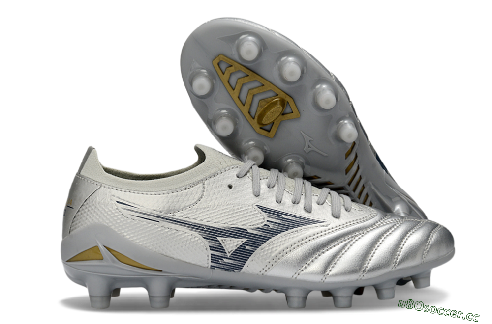 Men's Mizuno Morelia Neo 4 FG Firm Ground Low-Tops Football Boots - Silver/Metallic Silver/Yellow Accent 2