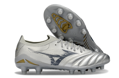 Men's Mizuno Morelia Neo 4 FG Firm Ground Low-Tops Football Boots - Silver/Metallic Silver/Yellow Accent