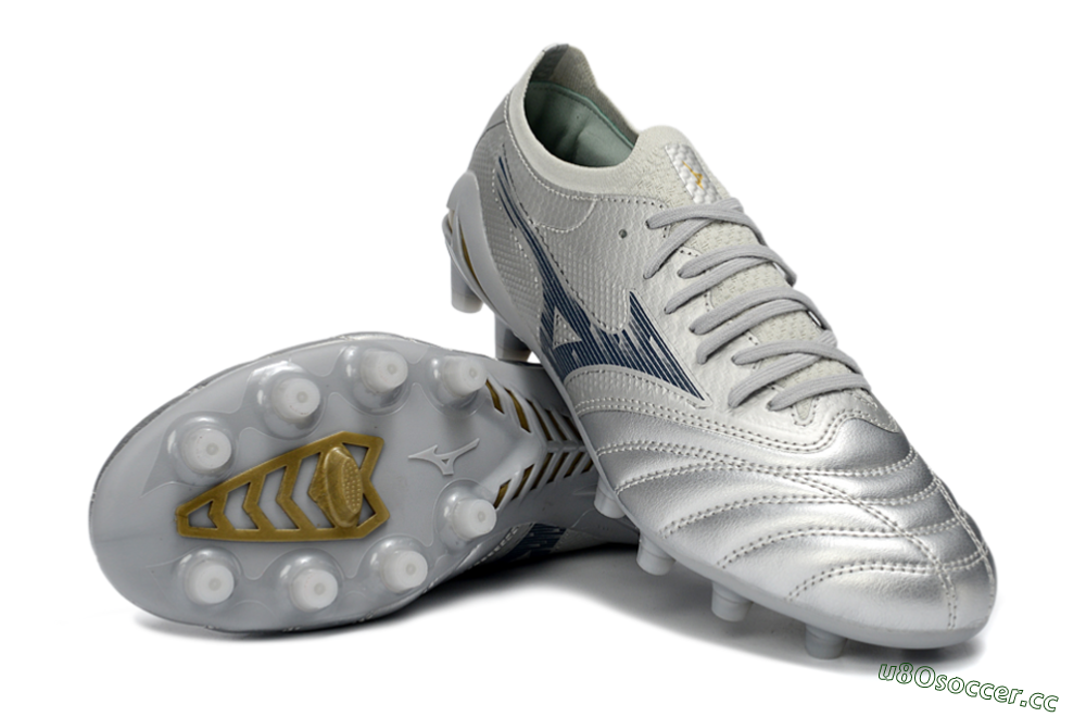 Men's Mizuno Morelia Neo 4 FG Firm Ground Low-Tops Football Boots - Silver/Metallic Silver/Yellow Accent 3