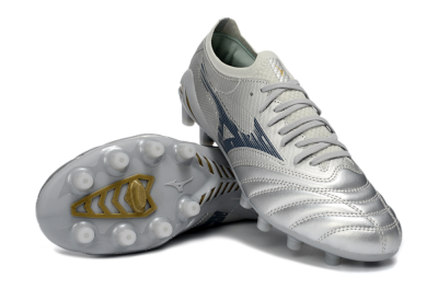 Men's Mizuno Morelia Neo 4 FG Firm Ground Low-Tops Football Boots - Silver/Metallic Silver/Yellow Accent