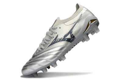 Men's Mizuno Morelia Neo 4 FG Firm Ground Low-Tops Football Boots - Silver/Metallic Silver/Yellow Accent