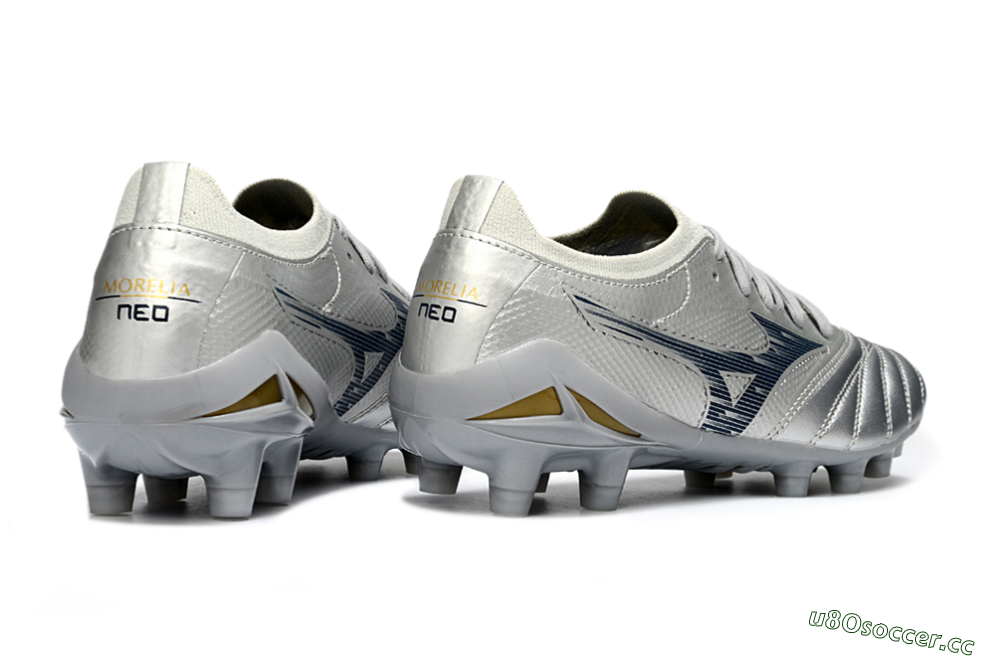 Men's Mizuno Morelia Neo 4 FG Firm Ground Low-Tops Football Boots - Silver/Metallic Silver/Yellow Accent 6