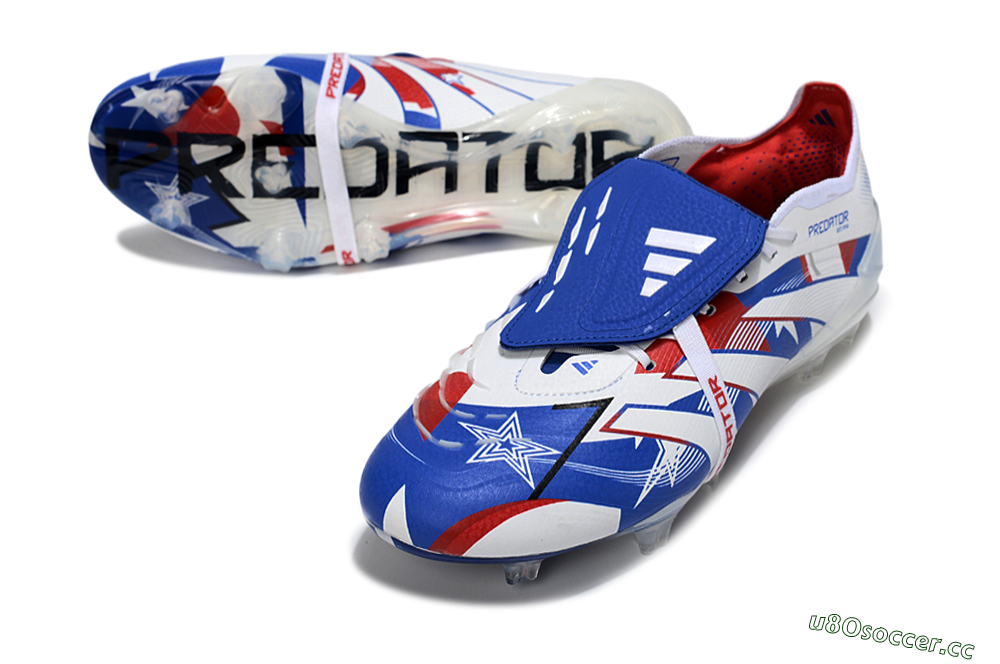 Unisex Adidas Predator 25 Elite Fold-Over Tongue FG Firm Ground Low-Tops Football Boots - Blue/Royal Blue/Crimson Red 3