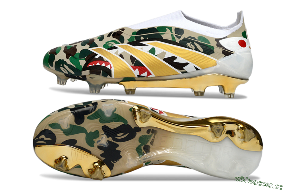 Men's Adidas Predator 25 Elite Laceless FG Firm Ground Low-Tops Football Boots - Camo/White/Gold 1