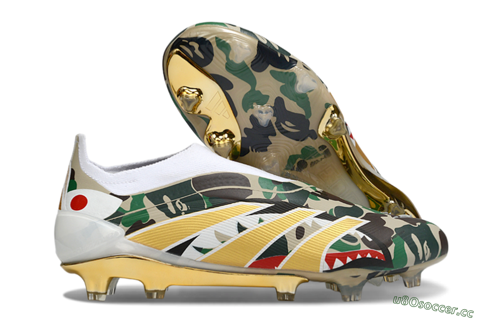 Men's Adidas Predator 25 Elite Laceless FG Firm Ground Low-Tops Football Boots - Camo/White/Gold 2