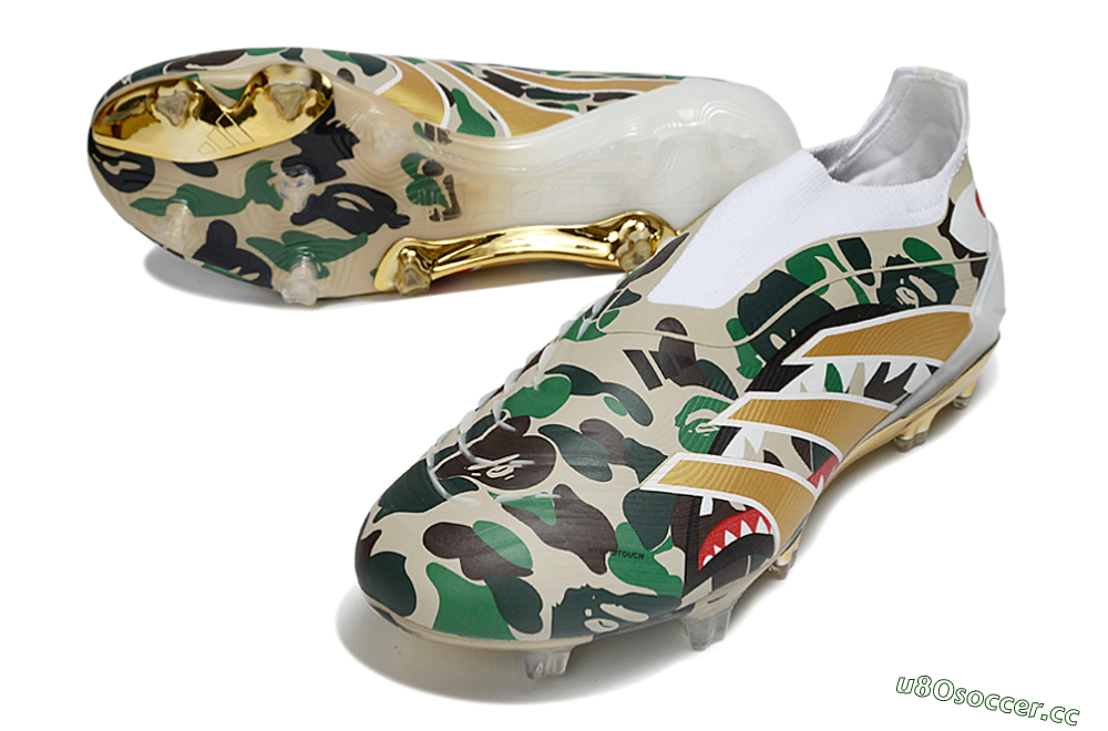 Men's Adidas Predator 25 Elite Laceless FG Firm Ground Low-Tops Football Boots - Camo/White/Gold 3