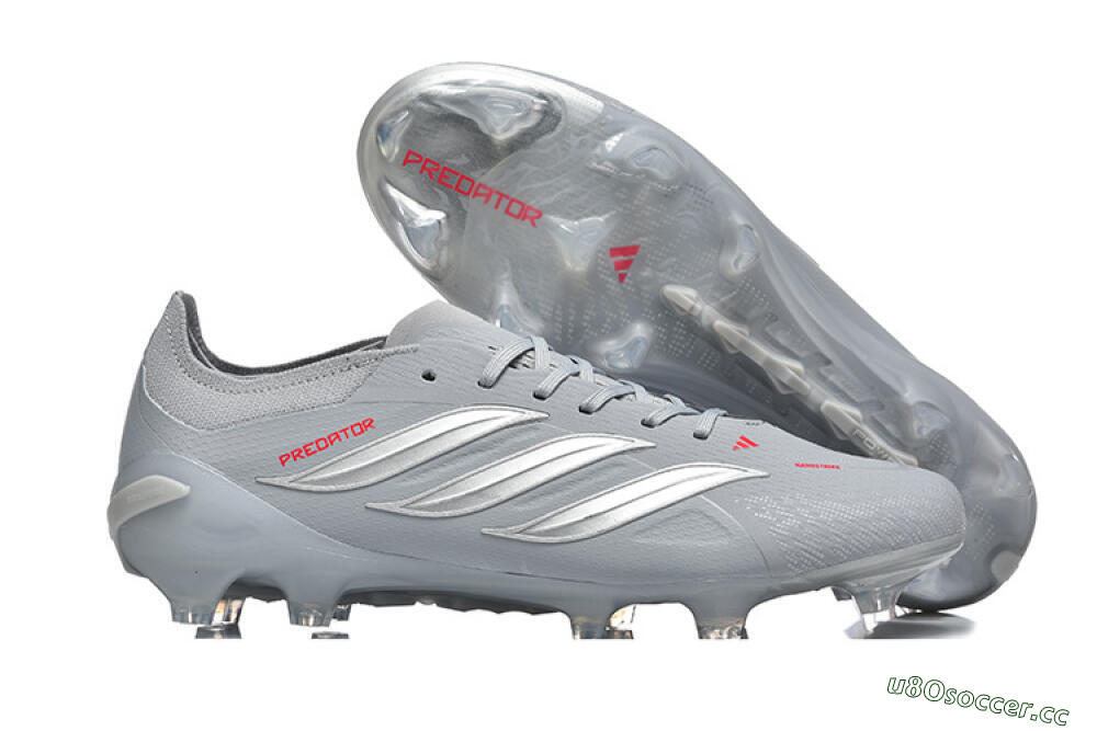Men's Adidas Predator 26 Elite FG Firm Ground Low-Tops Football Boots - Gray/Steel Gray/Crimson Red 2
