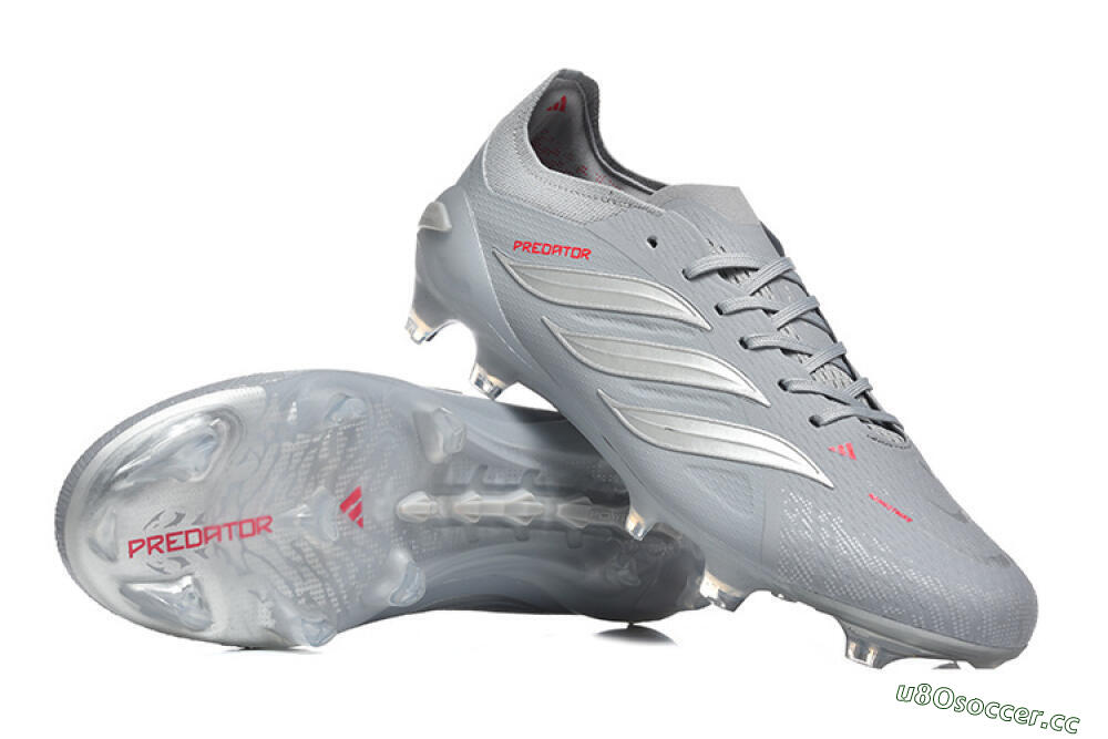 Men's Adidas Predator 26 Elite FG Firm Ground Low-Tops Football Boots - Gray/Steel Gray/Crimson Red 4