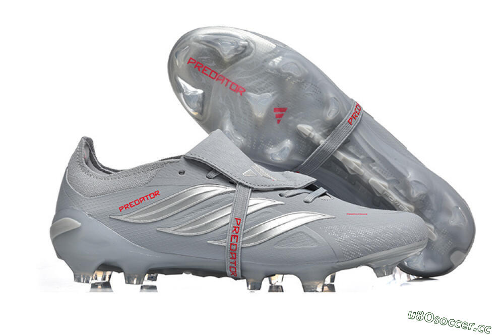 Men's Adidas Predator 26 Elite Fold-Over Tongue FG Firm Ground Low-Tops Football Boots - Gray/Steel Gray/Crimson Red 2