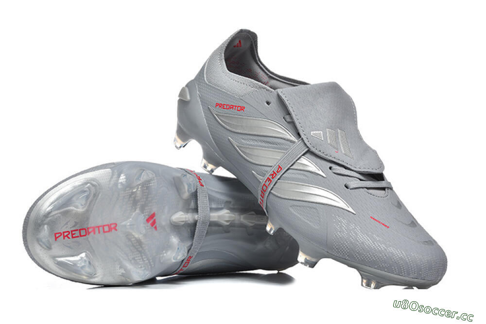 Men's Adidas Predator 26 Elite Fold-Over Tongue FG Firm Ground Low-Tops Football Boots - Gray/Steel Gray/Crimson Red 4