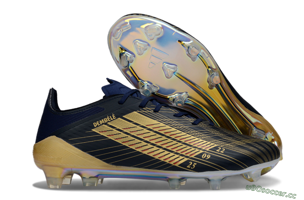 Men's Dembele x Adidas F50 Elite FG Firm Ground Low-Tops Football Boots - Navy/Gold Metallic/Red Accent 2