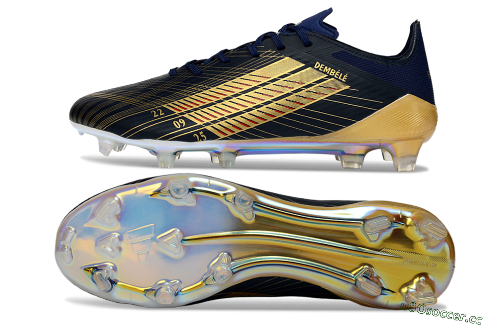 Men's Dembele x Adidas F50 Elite FG Firm Ground Low-Tops Football Boots - Navy/Gold Metallic/Red Accent 1