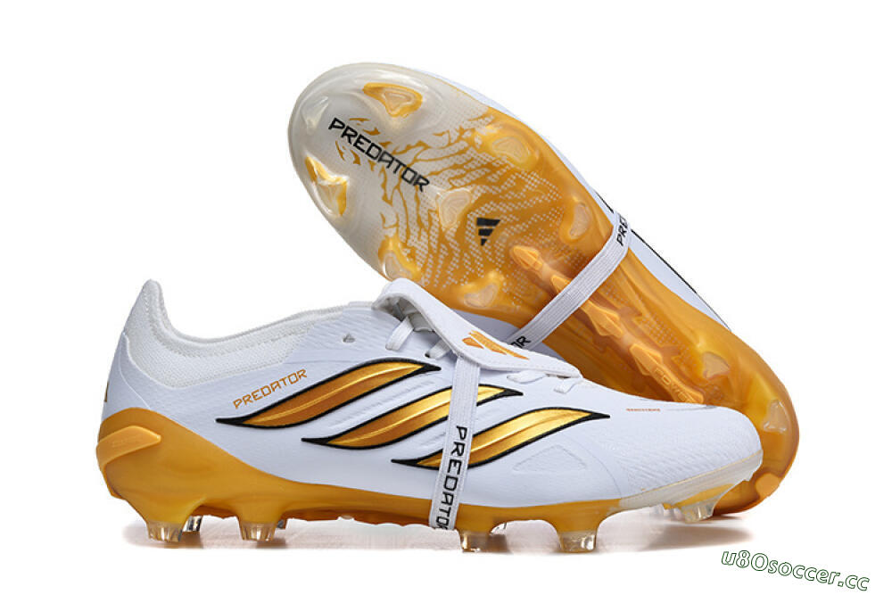 Men's Adidas Predator 26 Elite Fold-Over Tongue FG Firm Ground Low-Tops Football Boots - White/Gold Blaze/Black Accent 2