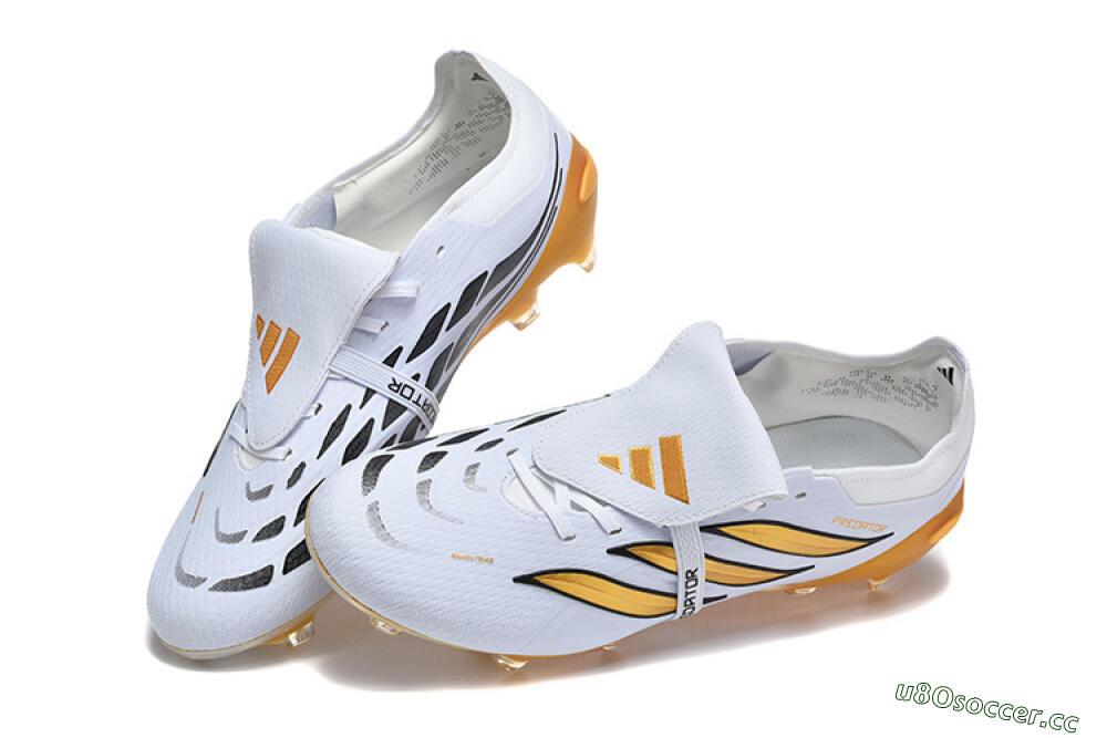 Men's Adidas Predator 26 Elite Fold-Over Tongue FG Firm Ground Low-Tops Football Boots - White/Gold Blaze/Black Accent 6