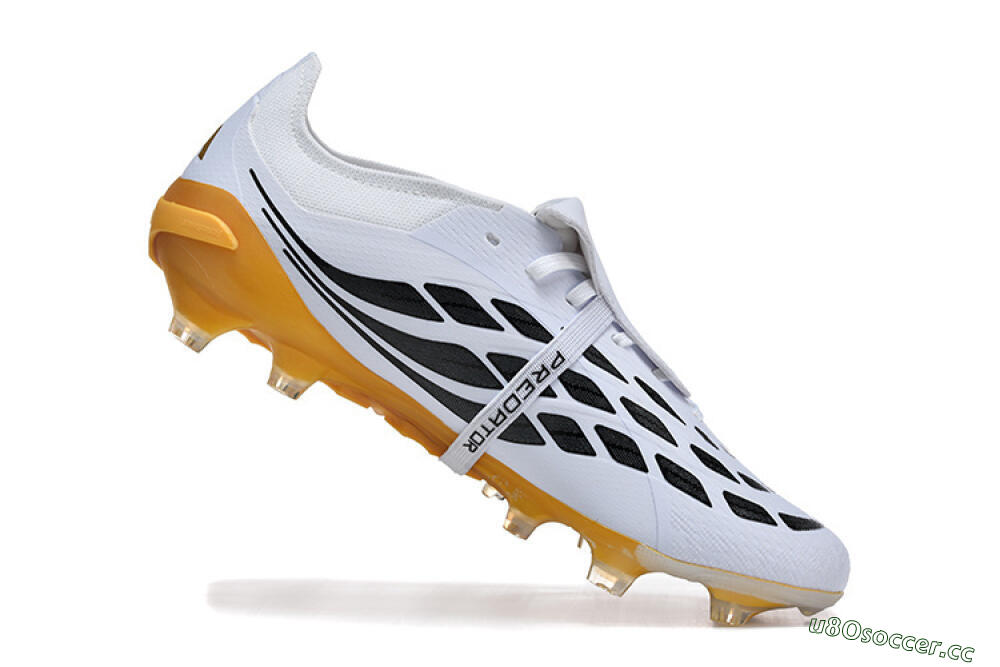 Men's Adidas Predator 26 Elite Fold-Over Tongue FG Firm Ground Low-Tops Football Boots - White/Gold Blaze/Black Accent 7