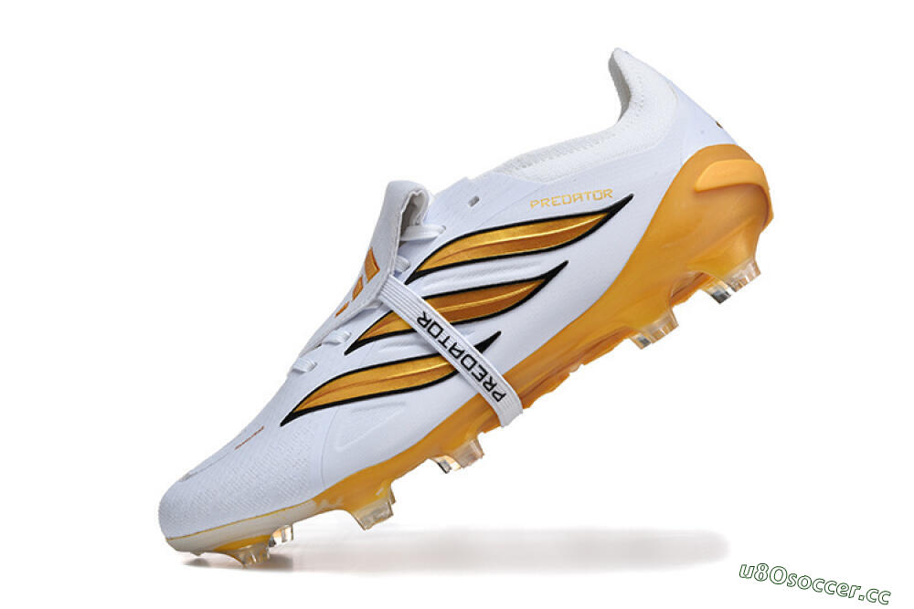 Men's Adidas Predator 26 Elite Fold-Over Tongue FG Firm Ground Low-Tops Football Boots - White/Gold Blaze/Black Accent 8