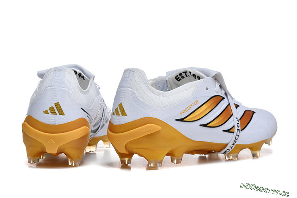 Men's Adidas Predator 26 Elite Fold-Over Tongue FG Firm Ground Low-Tops Football Boots - White/Gold Blaze/Black Accent 9