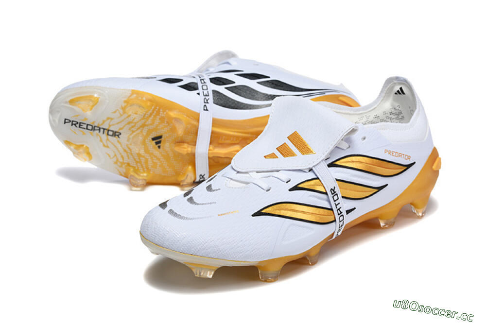Men's Adidas Predator 26 Elite Fold-Over Tongue FG Firm Ground Low-Tops Football Boots - White/Gold Blaze/Black Accent 3