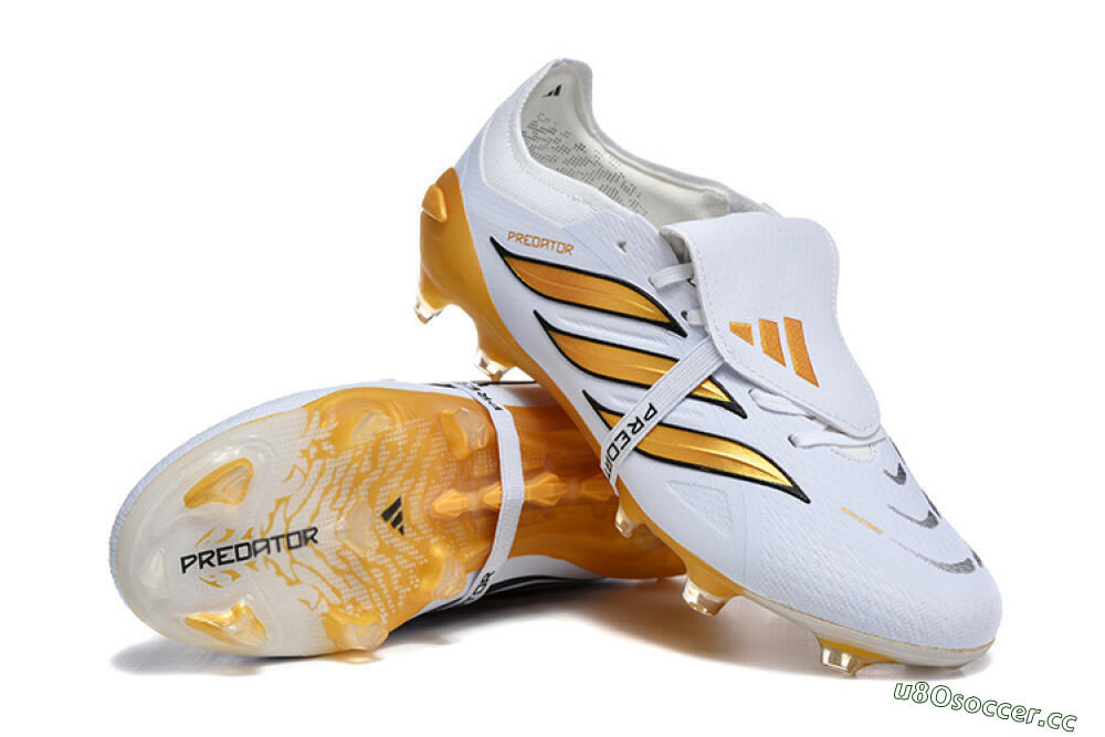 Men's Adidas Predator 26 Elite Fold-Over Tongue FG Firm Ground Low-Tops Football Boots - White/Gold Blaze/Black Accent 4